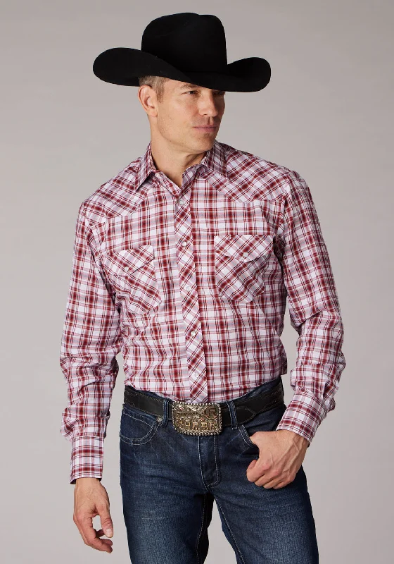 Men’s soft seersucker shirt-Roper Mens 2058 Plaid Red/Grey Cotton Blend L/S Shirt