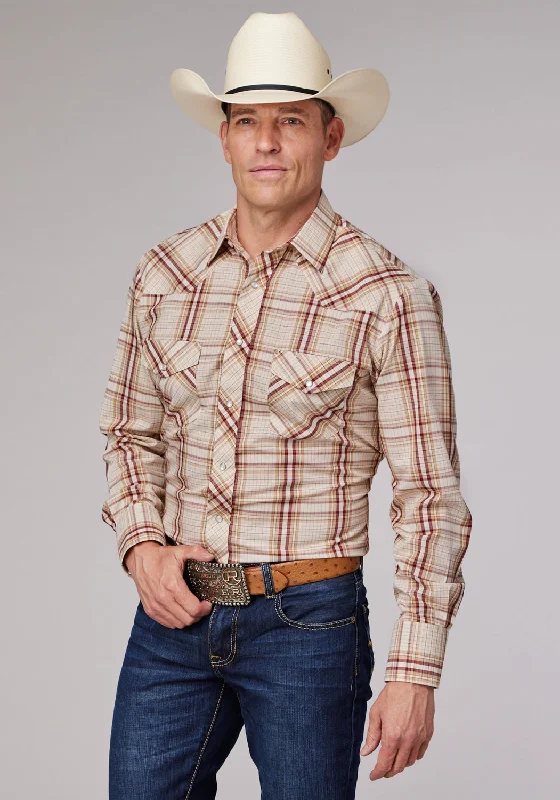 Men’s durable flannel shirt-Roper Mens 2063 Plaid Tan/Wine Cotton Blend L/S Shirt