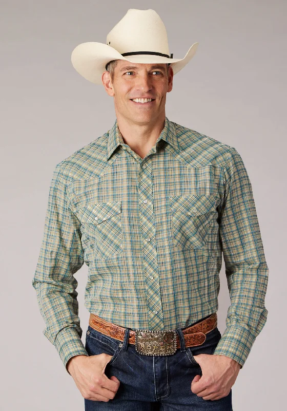 Men’s relaxed poplin shirt-Roper Mens 2075 Plaid Cream/Teal Cotton Blend L/S Shirt