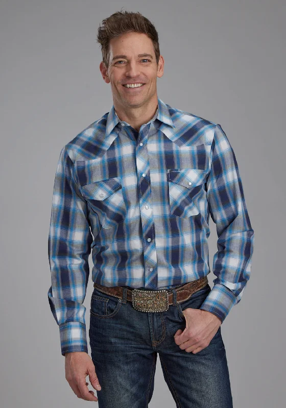 Men’s modern gingham shirt-Roper Mens 2102 Plaid Multi Blue/White Cotton Blend L/S Shirt