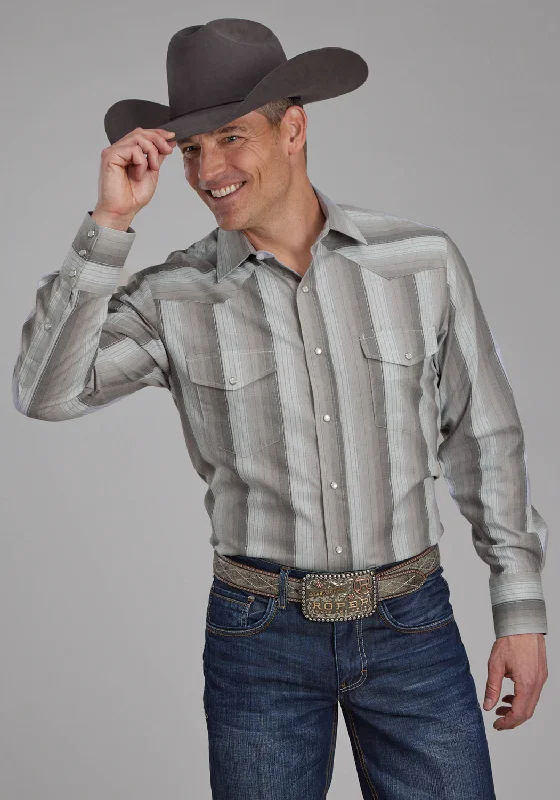 Men’s slim denim shirt-Roper Mens 2114 Stripe Multi Grey Cotton Blend L/S Shirt