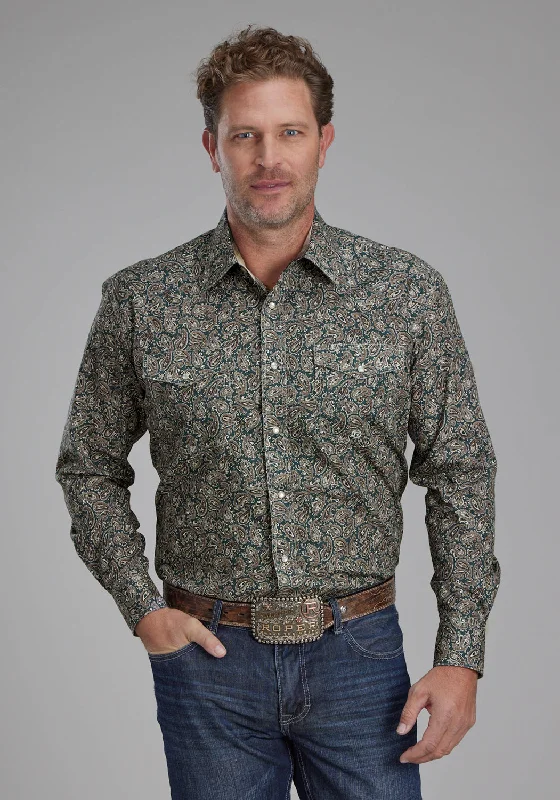 Men’s stylish denim shirt-Roper Mens 2150 Oak Paisley Brown 100% Cotton L/S Shirt