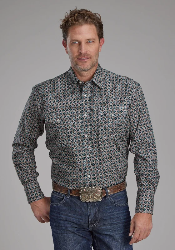 Men’s casual twill shirt-Roper Mens 2151 Acorn Foulard Brown 100% Cotton L/S Shirt