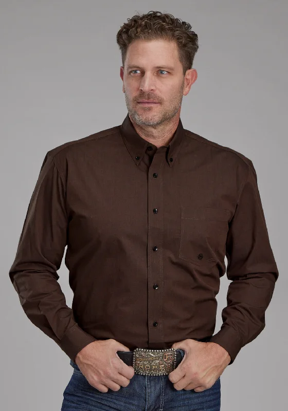 Men’s trendy herringbone shirt-Roper Mens 2162 Black Fill Brown 100% Cotton 1 Pkt L/S Shirt