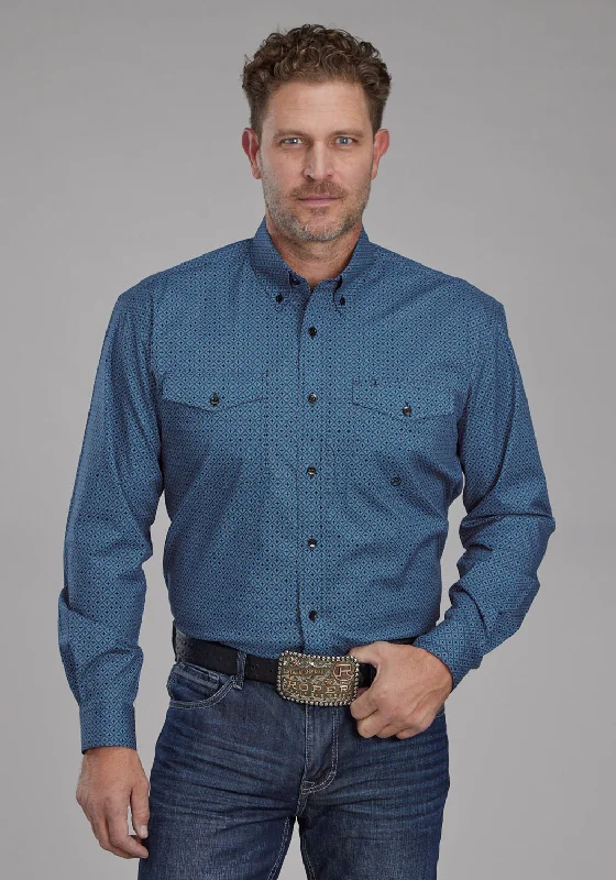 Men’s bold herringbone shirt-Roper Mens 2163 Diamond Stretch Blue Cotton Blend Btn L/S Shirt