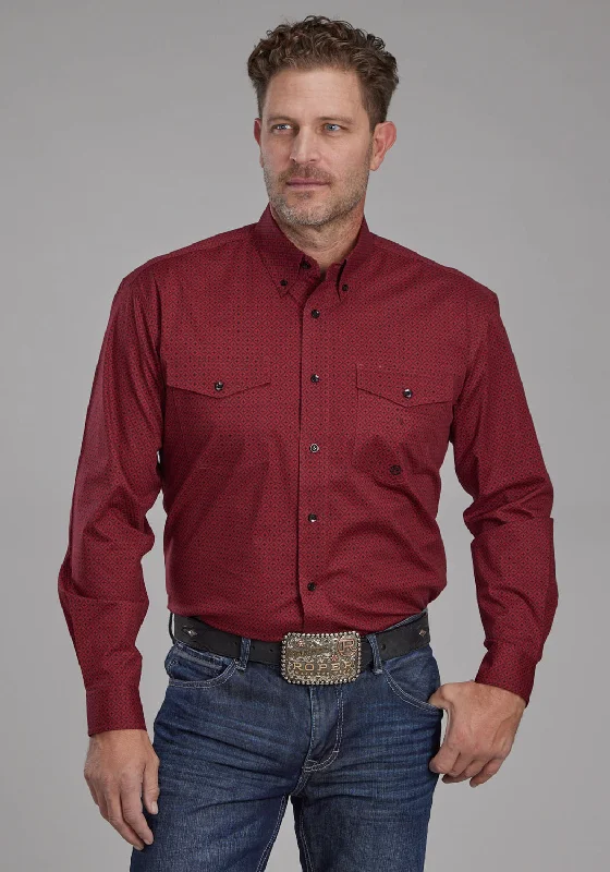 Men’s slim denim shirt-Roper Mens 2163 Diamond Stretch Red Cotton Blend Btn L/S Shirt