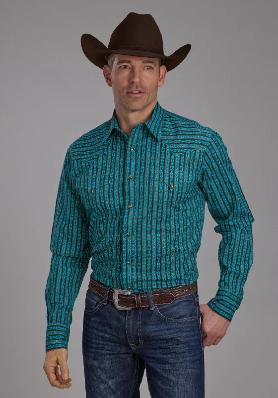 Men’s lightweight seersucker shirt-Roper Mens 2170 Micro Aztec Blue 100% Cotton L/S Shirt