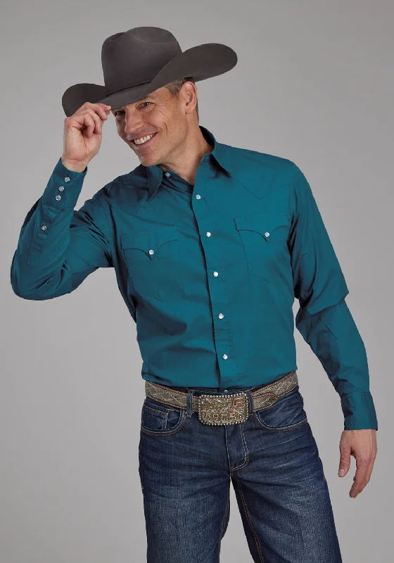 Men’s soft denim shirt-Roper Mens 2221 Poplin Teal 100% Cotton L/S Shirt