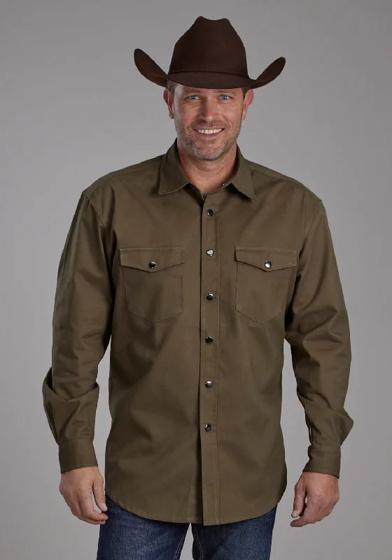 Men’s breathable flannel shirt-Roper Mens Brushed Twill Olive 100% Cotton L/S Shirt