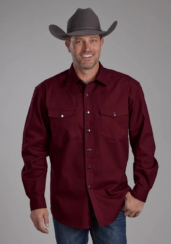 Men’s bold herringbone shirt-Roper Mens Brushed Twill Wine 100% Cotton L/S Shirt