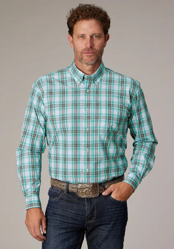 Men’s breathable poplin button-up-Roper Mens Cold Springs Plaid Green 100% Cotton 1 Pkt L/S Shirt