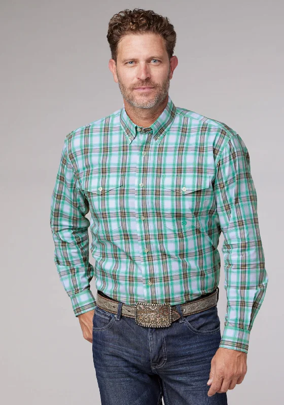 Men’s soft poplin shirt-Roper Mens Cold Springs Plaid Green 100% Cotton 2 Pkts L/S Shirt