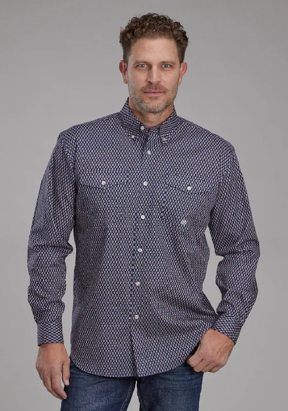 Men’s stylish chambray button-up-Roper Mens Diamond Eye Geo Blue 100% Cotton Btn L/S Shirt