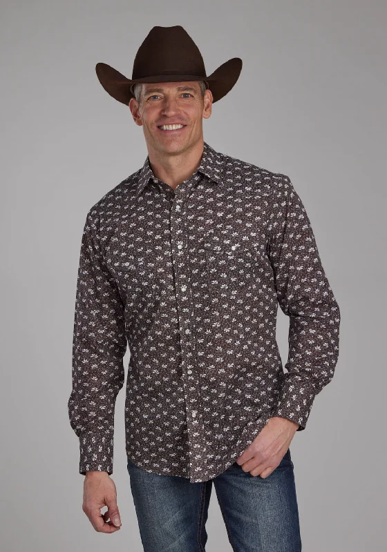 Men’s soft checked shirt-Roper Mens Floral Print Brown/Cream Cotton Blend L/S Shirt