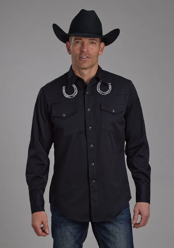 Men’s trendy gingham shirt-Roper Mens Horseshoes Western Black Poly/Rayon L/S Shirt