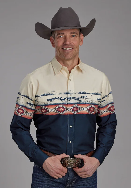 Men’s bold corduroy shirt-Roper Mens Open Range Border Blue/White 100% Cotton L/S Shirt