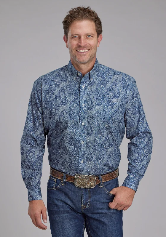 Men’s bright seersucker shirt-Roper Mens River Paisley Blue 100% Cotton 1 Pkt L/S Shirt