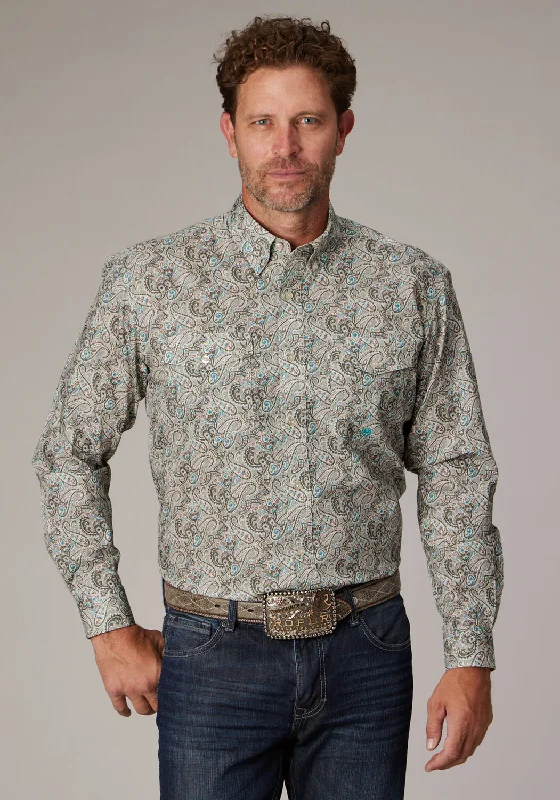 Men’s comfy twill shirt-Roper Mens Sand Dune Paisley Brown 100% Cotton Button L/S Shirt