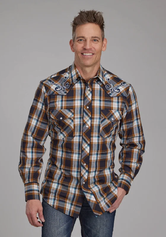 Men’s modern flannel shirt-Roper Mens Scroll Embroidery Caramel/Teal Cotton Blend L/S Shirt