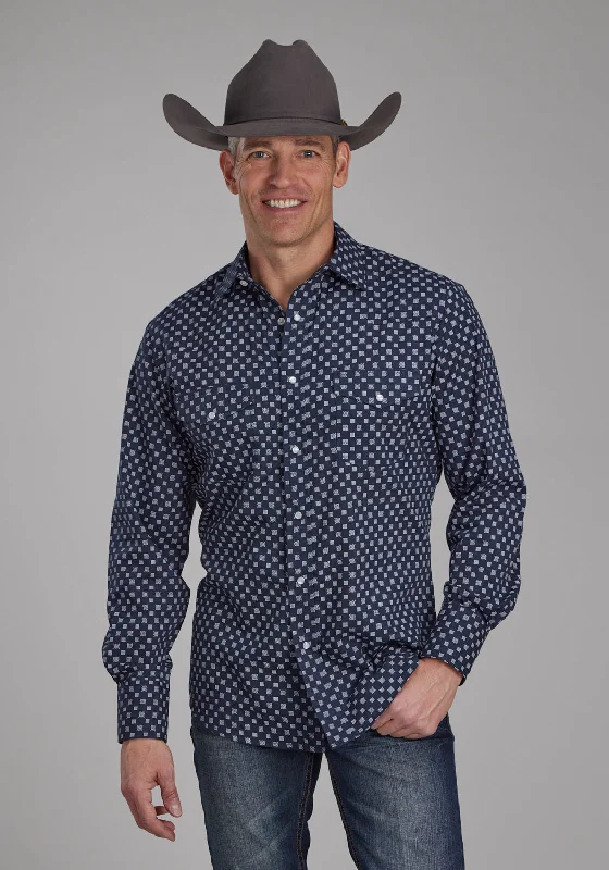 Men’s slim denim shirt-Roper Mens Squares Print Navy/White Cotton Blend L/S Shirt