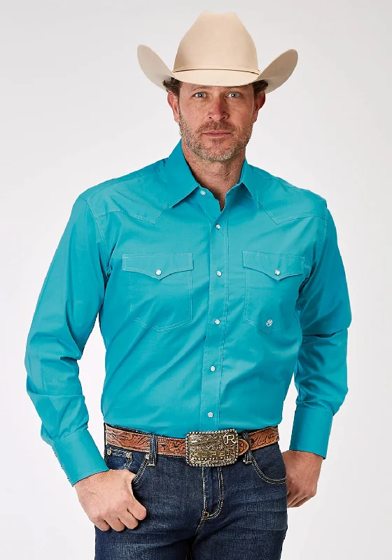 Men’s modern gingham shirt-Roper Mens Stretch Poplin Turquoise Cotton Blend Tall L/S Shirt