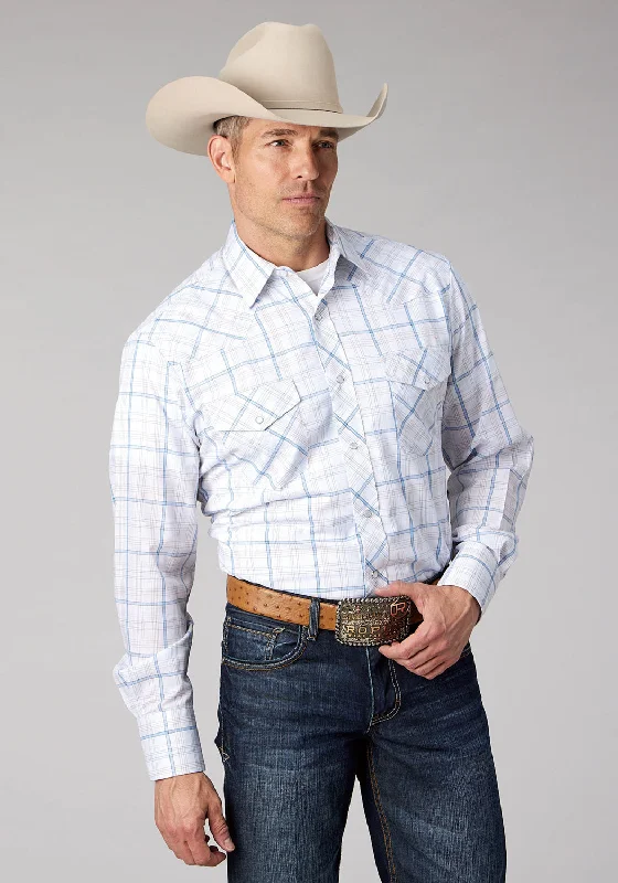 Men’s casual twill shirt-Roper Mens Windowpane Plaid White/Blue/Tan Cotton Blend L/S Shirt