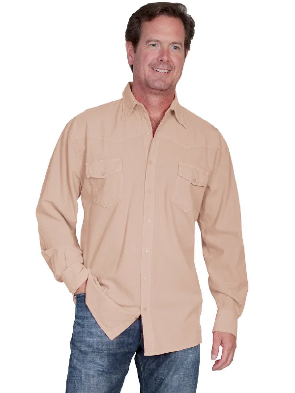 Men’s slim-fit chambray shirt-Scully Cantina Mens Sand 100% Cotton Western Casual Shirt