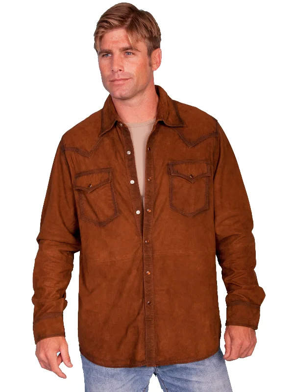 Men’s comfy checked shirt-Scully Leather Mens Western L/S Suede Shirt Snap Front Brown S