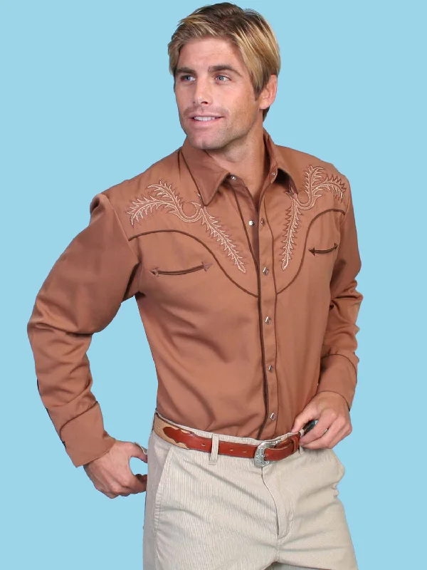 Men’s breathable poplin button-up-Scully Mens Classic Bootstitch Brown Poly/Rayon L/S Shirt