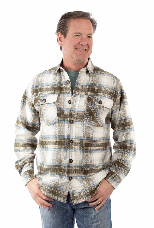 Men’s stylish denim shirt-Scully Mens Flannel Plaid Olive 100% Cotton L/S Shirt