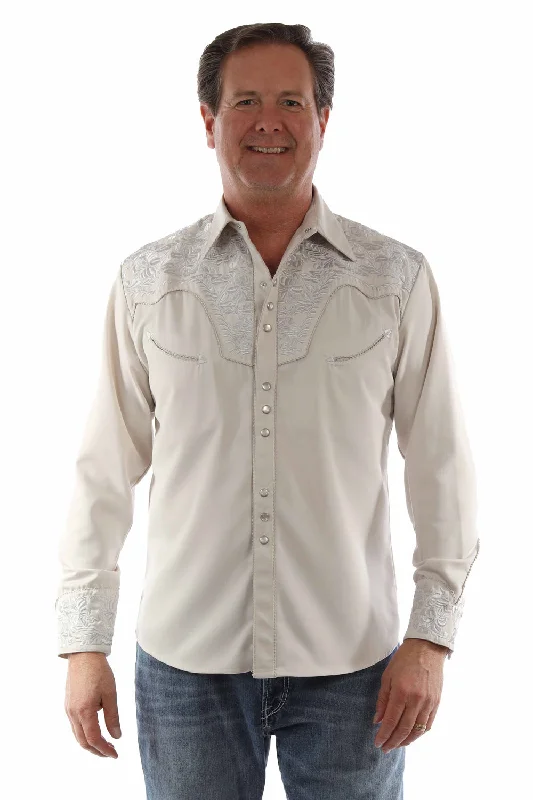 Men’s bright gingham shirt-Scully Mens Floral Tooled Embroidery Light Grey Poly/Rayon L/S Shirt