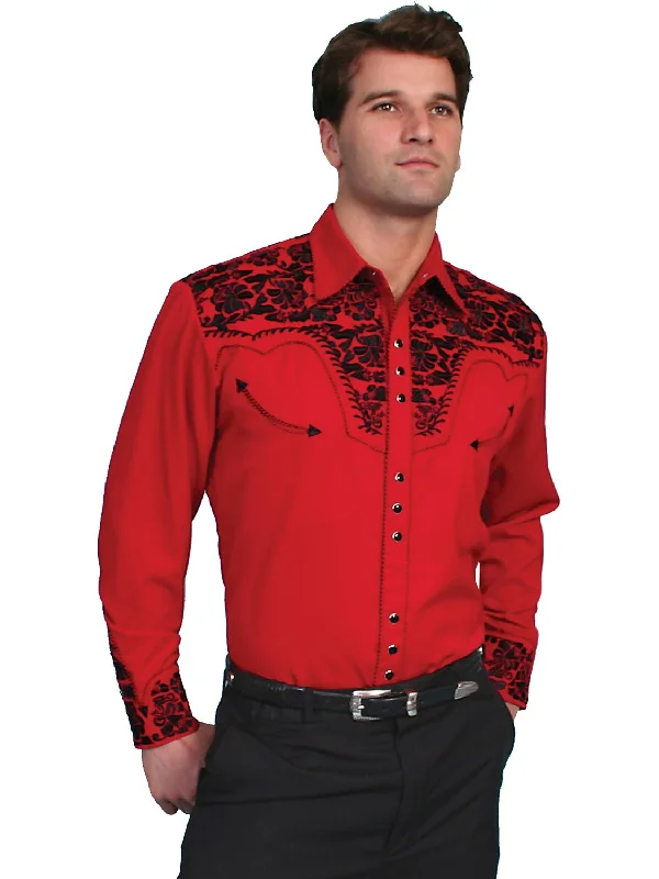 Men’s relaxed chambray shirt-Scully Mens Floral Tooled Embroidery Red Poly/Rayon L/S Shirt XS