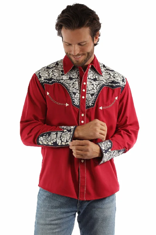 Men’s stylish seersucker shirt-Scully Mens Floral Tooled Embroidery Red/White/Blue Poly/Rayon L/S Shirt