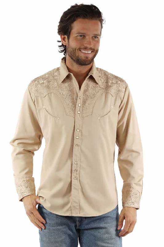 Men’s casual flannel shirt-Scully Mens Floral Tooled Embroidery Sand Poly/Rayon L/S Shirt