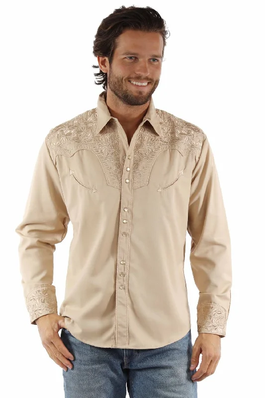 Men’s bold corduroy shirt-Scully Mens Floral Tooled Sand Poly/Rayon L/S Shirt