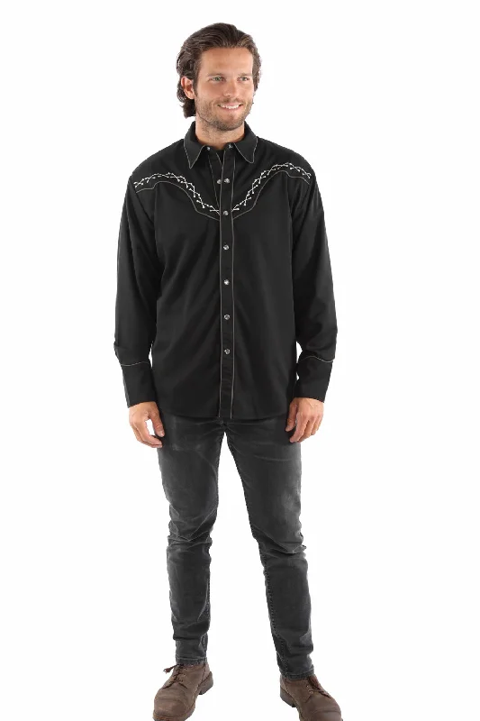 Men’s comfy chambray button-up-Scully Mens Justice Is Coming Gunfighter Black Poly/Rayon L/S Shirt