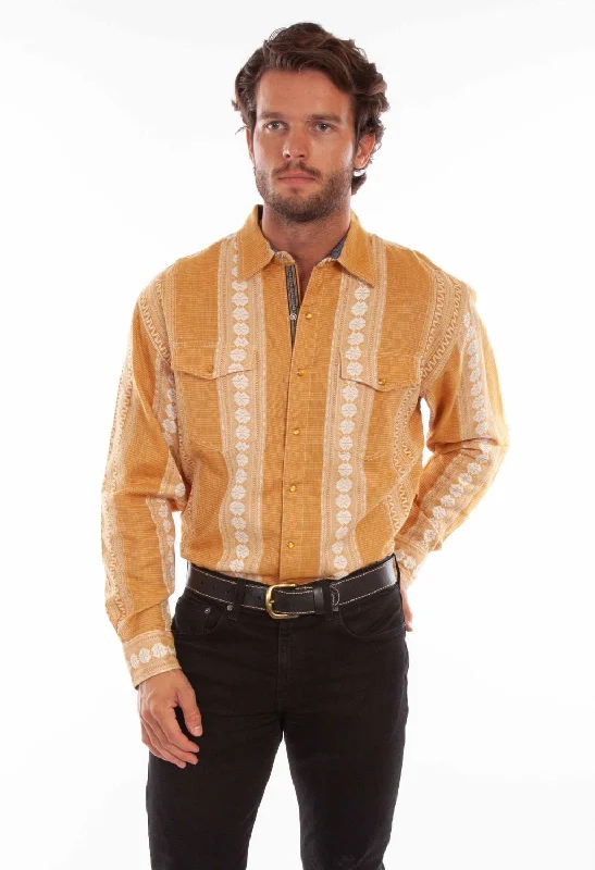 Men’s soft seersucker shirt-Scully Mens Signature Jacquard Mustard 100% Cotton L/S Shirt XXL