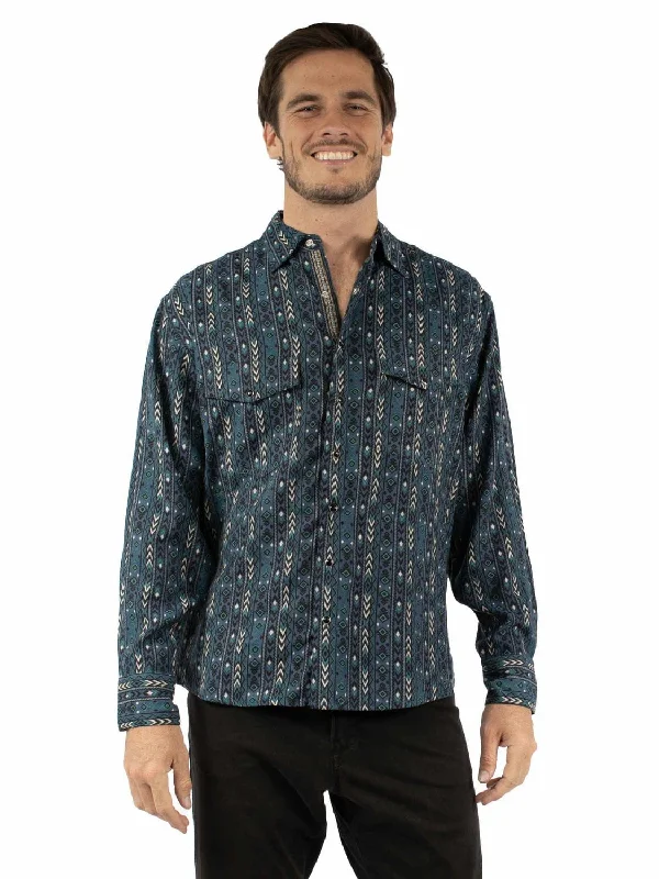 Men’s bright corduroy shirt-Scully Mens Weaved Aztec Stripe Blue 100% Cotton L/S Shirt