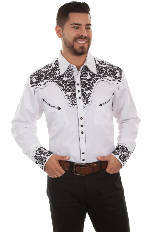 Men’s bold denim shirt-Scully Mens White/Black Poly/Rayon Floral Tooled L/S Shirt 3X