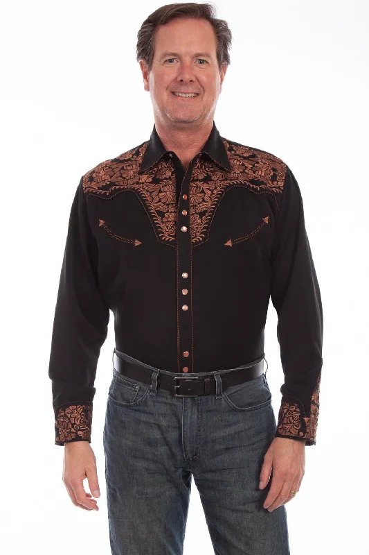 Men’s casual twill shirt-Scully Western Mens Black Polyester L/S Big Tooled Floral Western Shirt 4X