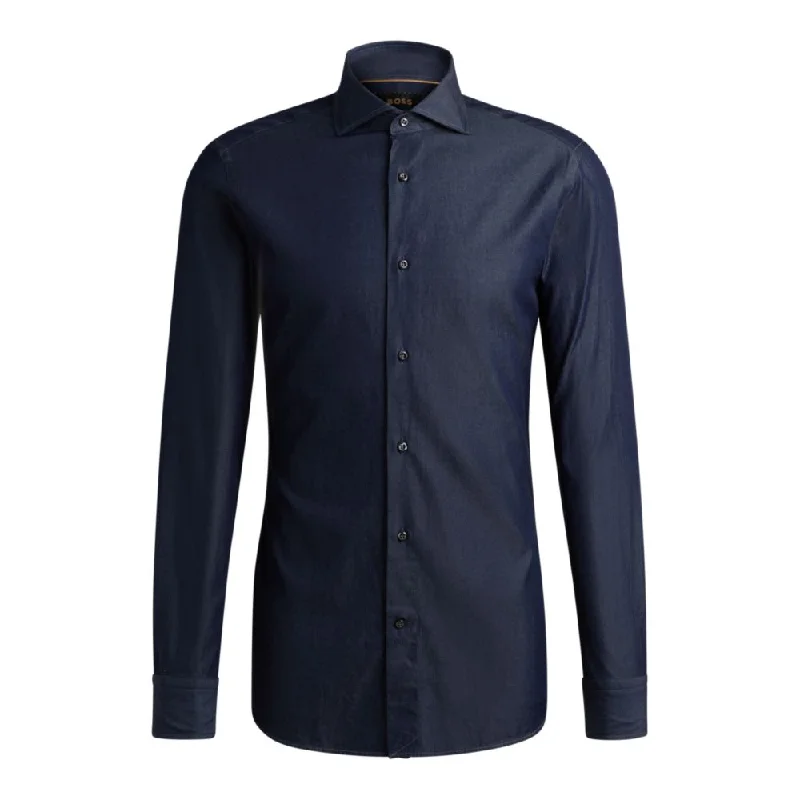 Men’s stylish chambray button-up-Slim-fit shirt in cotton denim with spread collar