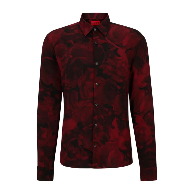 Men’s comfy herringbone button-up-Slim-fit shirt in rose-print canvas