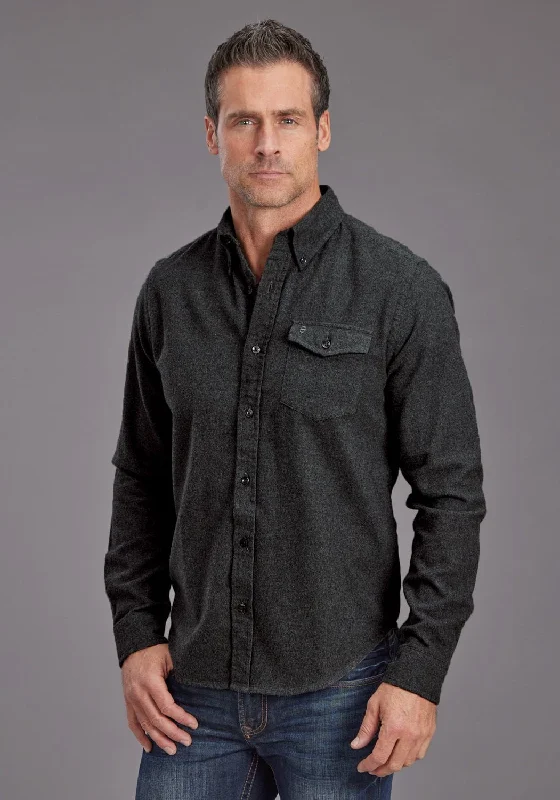 Men’s modern gingham shirt-Stetson Mens Brushed Heather Flannel Grey 100% Cotton 1 Pkt L/S Shirt