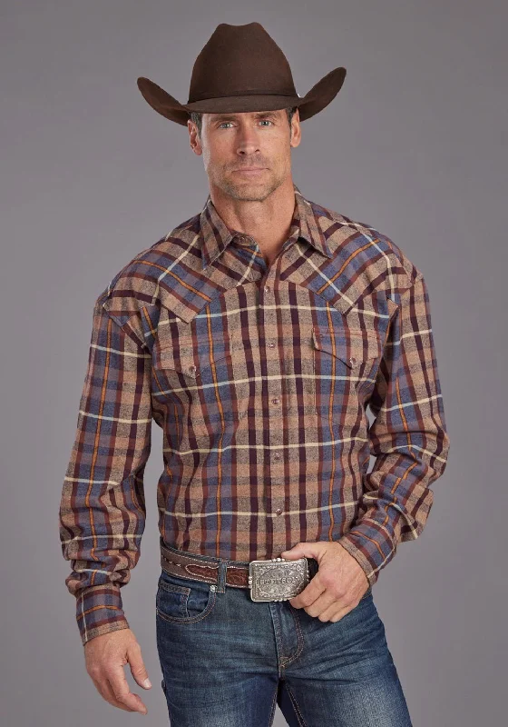 Men’s durable flannel shirt-Stetson Mens Brushed Twill Plaid Brown 100% Cotton L/S Shirt