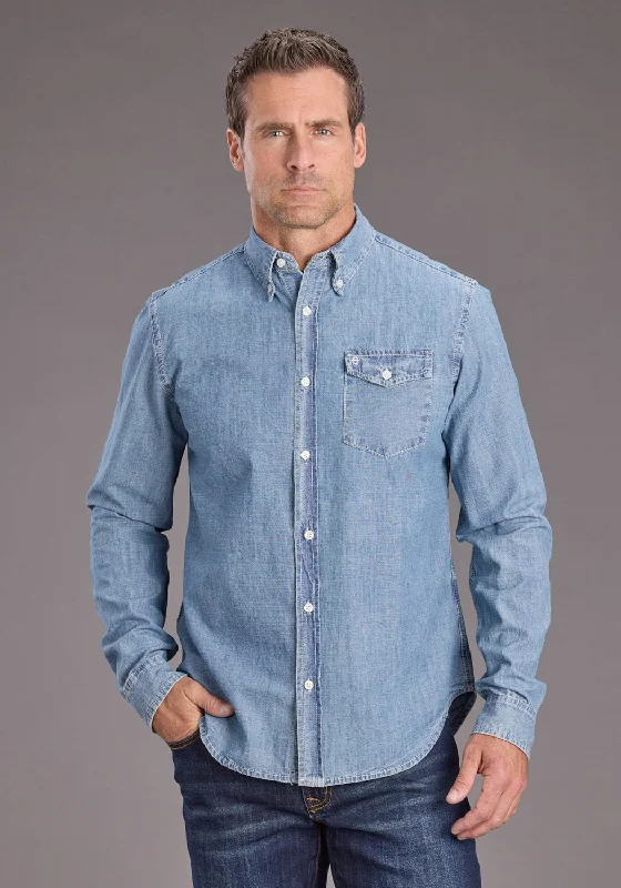 Men’s slim denim shirt-Stetson Mens Chambray 1 Pocket Blue 100% Cotton 1 Pkt L/S Shirt