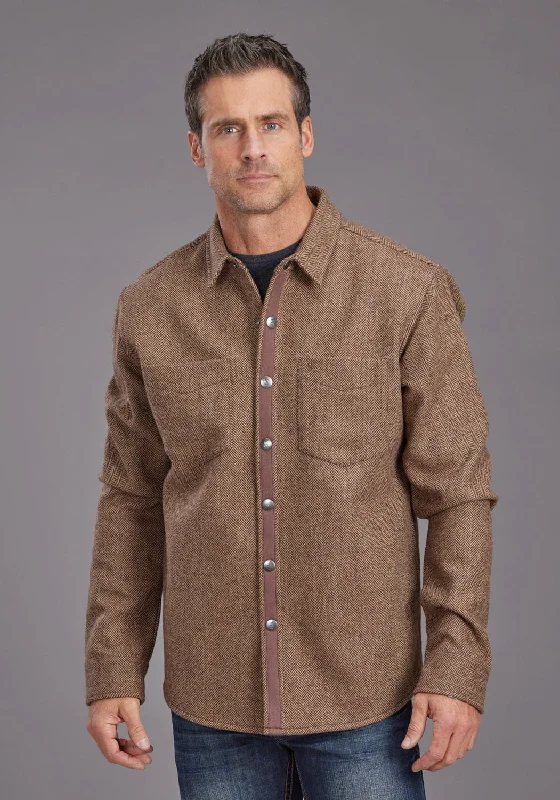 Men’s bright corduroy shirt-Stetson Mens Herringbone Jacket Brown Poly/Wool L/S Shirt