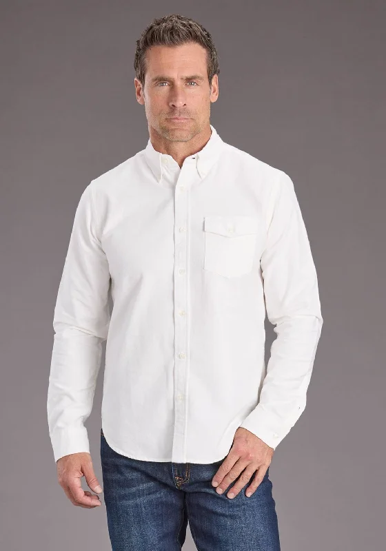 Men’s trendy corduroy shirt-Stetson Mens Peached Oxford Off White 100% Cotton 1 Pkt L/S Shirt