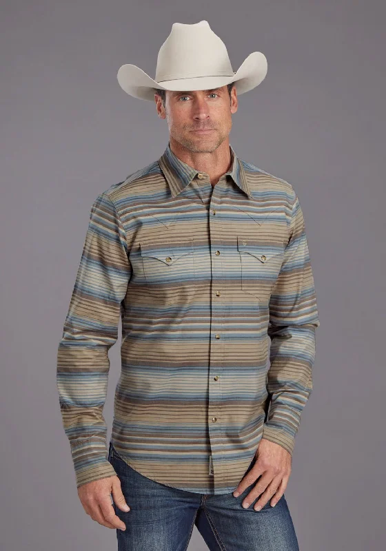 Men’s soft gingham shirt-Stetson Mens Serape Stripe Sand/Indigo 100% Cotton L/S Shirt