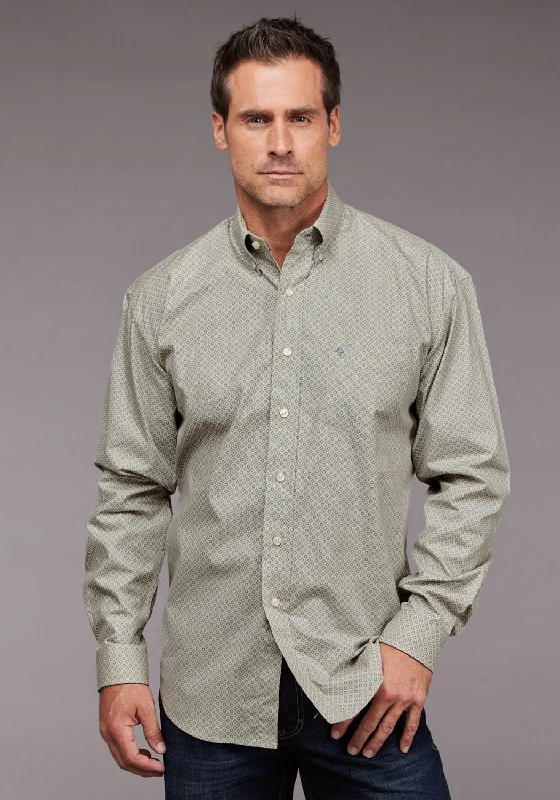 Men’s relaxed twill shirt-Stetson Mens Squared Off Neat Blue 100% Cotton 1 Pkt L/S Shirt