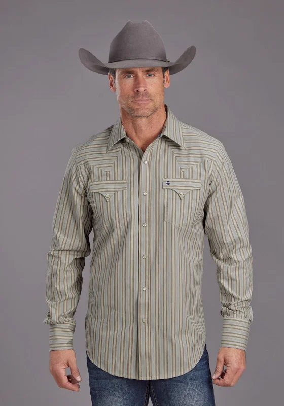 Men’s comfy checked shirt-Stetson Mens Ticking Dobby Stripe Brown 100% Cotton L/S Shirt